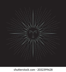 Vector mystical boho sleeping star with a face and closed eyes. Magical symbol with beams in retro style on a black background