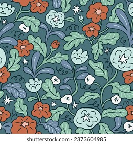 Vector mystical bouquet seamless pattern design for fabric, wallpaper or wrapping paper. Cute flowers and stars. Floral repeated background.