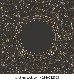 Vector mystical celestial background with golden zodiac constellations and round frame with moon phases, stars, crescents and copy space. Ornate shiny magical backdrop with a place for text