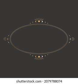 Vector mystical celestial oval sticker with a golden frame with stars, moon phases, crescents and copy space. Ornate elliptical shiny magical isolated label with a place for text