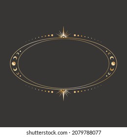 Vector mystical celestial oval sticker with a golden frame with stars, moon phases, crescents and copy space. Ornate elliptical shiny magical isolated label with a place for text