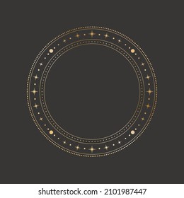 Vector mystical celestial round golden frame with stars, concentrical circles and copy space. Isolated ornate shiny magical linear border with a place for text