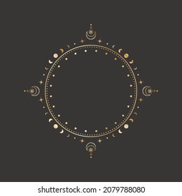 Vector mystical celestial round sticker with a golden frame with moon phases, stars, crescents and copy space. Ornate shiny magical label with place for text