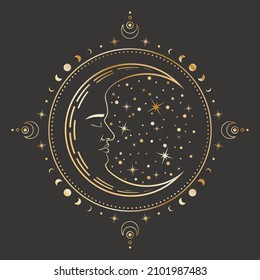 Vector mystical celestial round sticker with crescent with a sleeping face, stars and golden frame with moon phases. Ornate shiny magical linear label