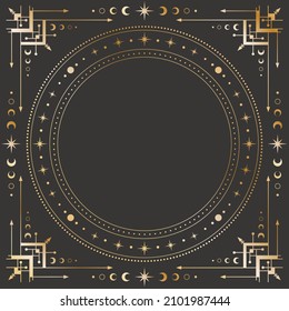 Vector mystical celestial square golden frame with stars, moon phases, crescents, concentrical circles, arrows and copy space. Ornate shiny magical linear geometric border with a place for text