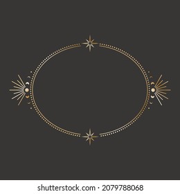 Vector mystical celestial sticker with a golden frame with stars, moon phases and copy space. Ornate oval shiny magical isolated label with moons and place for text