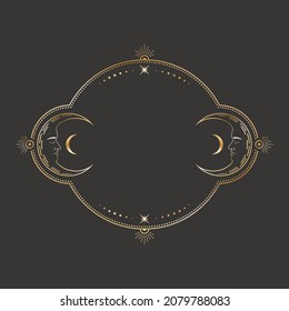 Vector mystical celestial sticker with a golden frame with stars, two crescents with sleeping faces and copy space. Ornate shiny magical isolated label with moons and place for text
