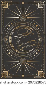 Vector mystical crescent with a sleeping face, clouds and stars on a black background. Cover for tarot card with a golden moon and ornate frame in retro style. Dark illustration stylized as engraving