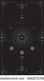 Vector mystical dark background with an ornate geometric frame including a sun and moon phases. Occult vertical banner with crescents and magical symbols. Cover for a tarot card