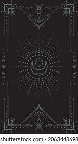 Vector mystical dark boho background with an ornate geometric frame including moon phases, crescents, stars and beams. Occult vertical banner with magical symbols. Cover for tarot cards