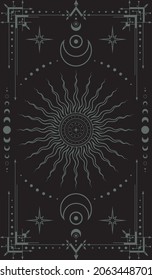 Vector mystical dark boho background with ornate outline geometric frame with moon phases, sun with concentric circles, crescents and stars. Occult vertical linear banner with moons and magical symbol