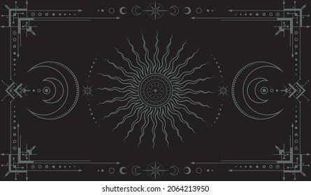 Vector mystical dark boho background with ornate outline geometric frame, moon phases, sun with concentric circles, crescents and stars. Occult linear banner with magical symbols stylized as engraving