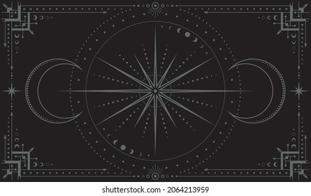 Vector mystical dark boho background with ornate outline geometric frame, moon phases, star, dotted concentric circles and crescents. Celestial linear banner with magical symbols. Cover for tarot card