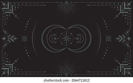 Vector mystical dark boho background with ornate outline geometric frame, moon phases, stars, concentric circles and crescents. Occult linear banner with magical symbols stylized as engraving