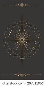 Vector mystical dark celestial poster with golden outline geometric star, moon phases, dotted concentric circles and borders with crescents. Occult linear background. Placard with a magical symbol