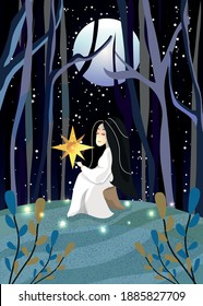 Vector mystical, fabulous illustration. The girl is wondering in the forest at Christmas. For postcards, websites, postcards, fortune telling, posters. Folklore. Blue and purple colors