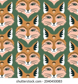 Vector mystical fox seamless pattern in green background. Wild fox boho endless texture. Red fox seamless pattern in hand-drawn style.