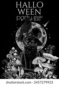 Vector mystical Halloween party invitation. Cat in a magic hat with a raven in mushrooms against the background of the moon