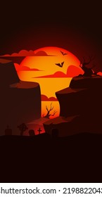 Vector mystical Halloween-themed background. A mountain and trees on a red background with a sick moon, a night illustration of a cemetery