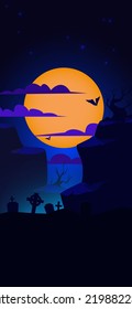 Vector mystical Halloween-themed background. A mountain and trees on a background with a sick moon, a night illustration of a cemetery