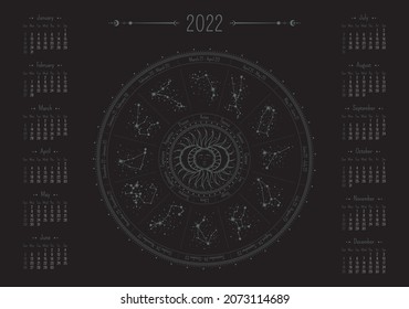 Vector mystical horizontal calendar for 2022 with ornate zodiac circle on a black background. A3, A2 poster with illustration of horoscope constellations and magical sun with a sleeping face in center