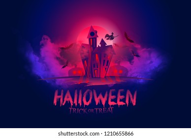 vector mystical illustration. background fog on background bloody moon with silhouettes of scary characters pumpkin, witch, zombie hand.  Halloween party graphics design.