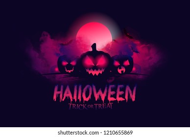 vector mystical illustration. background fog on background bloody moon with silhouettes of scary characters pumpkin, witch, zombie hand.  Halloween party graphics design.