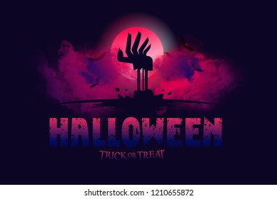 vector mystical illustration. background fog on background bloody moon with silhouettes of scary characters pumpkin, witch, zombie hand.  Halloween party graphics design.