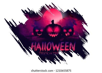 vector mystical illustration. background fog on background bloody moon with silhouettes of scary characters pumpkin, witch, zombie hand.  Halloween party graphics design.