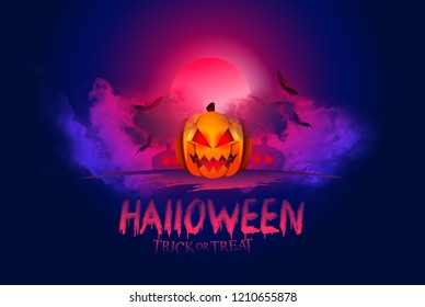 vector mystical illustration. background fog on background bloody moon with silhouettes of scary characters pumpkin, witch, zombie hand.  Halloween party graphics design.