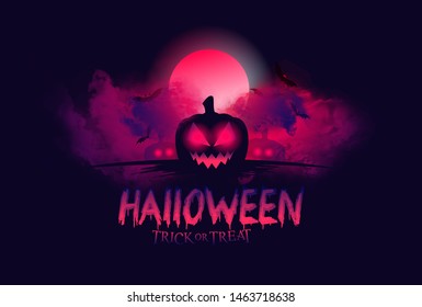 vector mystical illustration. background fog on background bloody moon with silhouettes of scary characters pumpkin, witch, zombie hand. Halloween party graphics design.