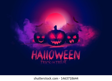 vector mystical illustration. background fog on background bloody moon with silhouettes of scary characters pumpkin, witch, zombie hand. Halloween party graphics design.