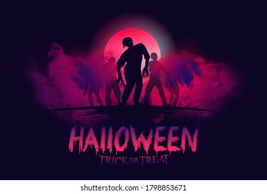 vector mystical illustration. background fog on background bloody moon with silhouettes of scary characters pumpkin, witch, zombie hand. Halloween party graphics design.