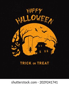 Vector mystical illustration. Background fog on background full moon with silhouettes of scary characters pumpkin, zombie hand. Halloween party graphics design.