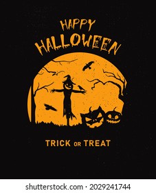 Vector mystical illustration. Background fog on background full moon with silhouettes of scary characters pumpkin, zombie hand. Halloween party graphics design.