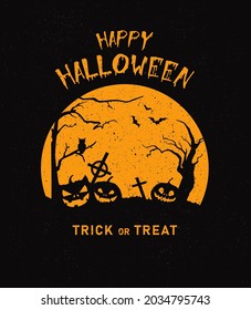 Vector mystical illustration. Background fog on background full moon with silhouettes of scary characters pumpkin, zombie hand. Halloween party graphics design.