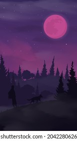 Vector mystical illustration. Background fog on background full moon with silhouettes of scary characters pumpkin, zombie hand. Halloween party graphics design.