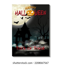 Vector Mystical Illustration. Background Fog On Background Moon With Silhouettes Of Scary Haunted House, Bats, Cemetary, Zombie Hand. Halloween Party Graphics Design. Halloween Card.