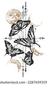 Vector mystical illustration of a butterfly and different phases of the moon