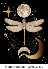 Vector mystical illustration of a dragonfly and phases of the moon on a geometric background