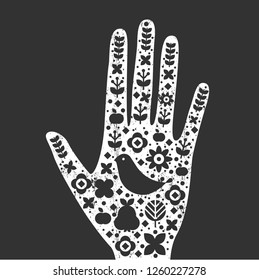 Vector mystical illustration. Hand with symbols of nature. Textures. Black and white.