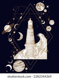 Vector mystical illustration of a lighthouse in the sea surrounded by planets and stars