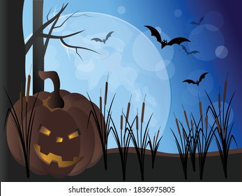 Vector mystical illustration with pumpkin and bats on a dark blue background with a large circle of the moon. Halloween party graphics design with place for text.
