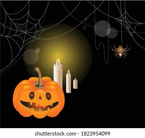 Vector mystical illustration with pumpkin, spider, cobwebs and burning candles on a black background. Halloween party graphics design with place for text.