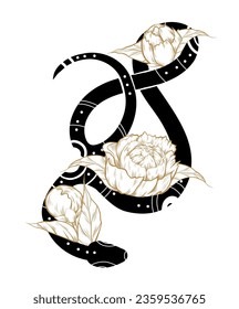 Vector mystical illustration tangled snake with peonies. Clipart black silhouette of ornamental serpents with flowers for stickers, temporary tattoos, sublimation on objects