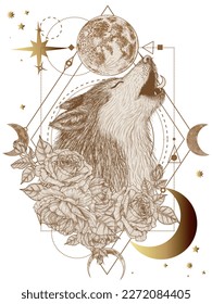 Vector mystical illustration of a wolf in the colors of roses on the background of the moon, stars and ornaments