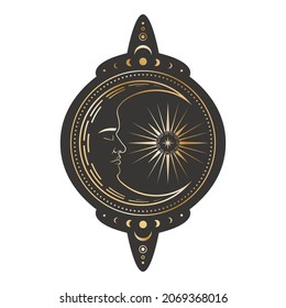 Creciente dorado lineal vectorial místico con rostro dormido, estrella brillante y pegatina de fases lunares. Esbozo del tatuaje en estilo retro. Etiqueta de contorno mágico oscuro sobre un fondo negro con símbolos ocultos