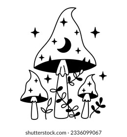 Vector mystical mushrooms with stars and moon in black color. Outline witchy magic mushrooms and leaves. Fairytale esoteric mushrooms.