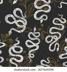 Patrón místico vectorial con símbolos de serpientes de color negro. Patrón estético de flores sin fisuras con serpiente a la moda. Resumen del fondo mágico.