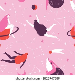 Vector mystical seamless pattern with girls in cosmos. Magic female fabric design. Esoteric concept. Simple and stylish hand-drawn illustration. Repeated background in pink colors.